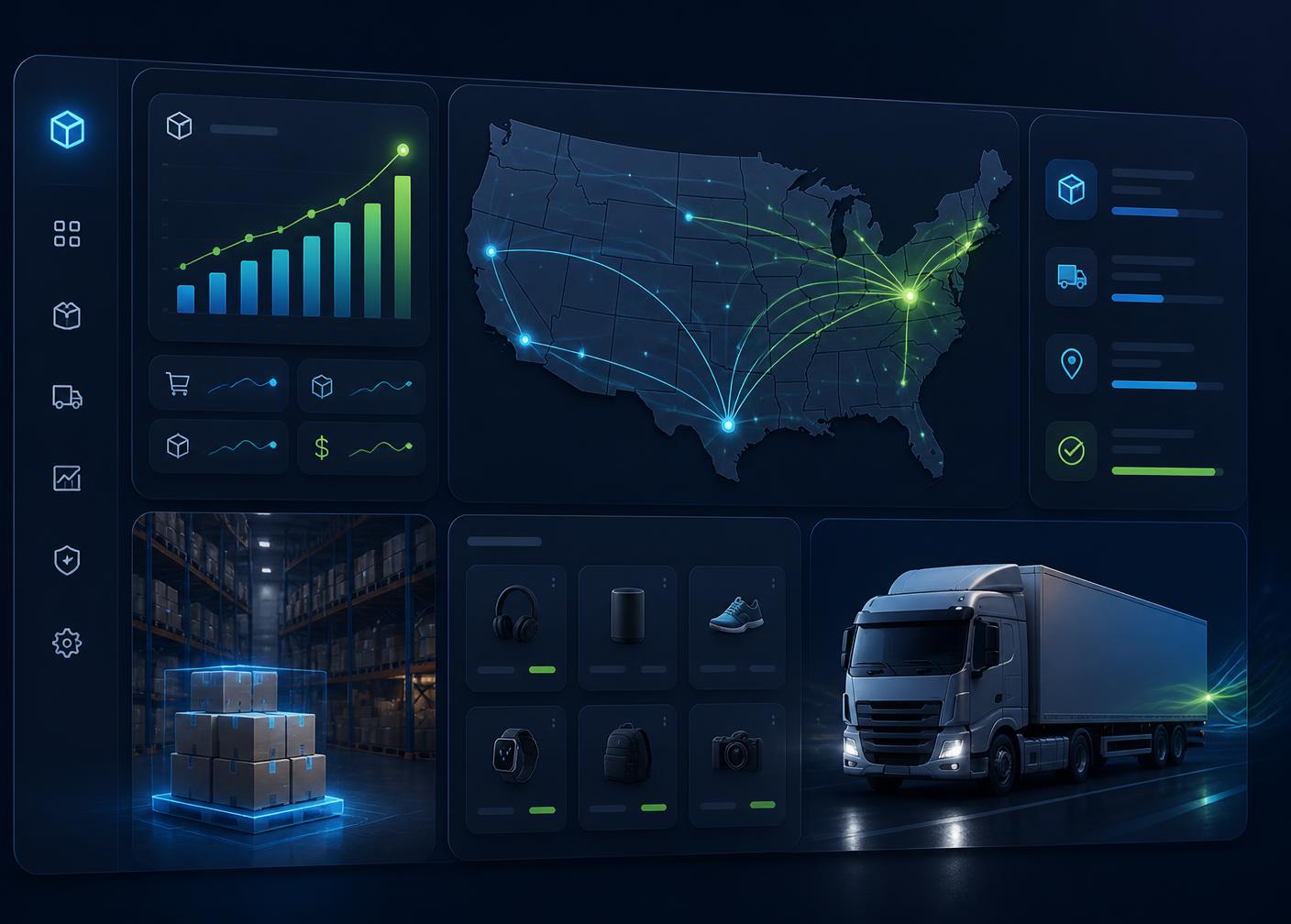 Bongo Deal BD warehouse dashboard showing US shipping routes, live order analytics, and same-day fulfillment